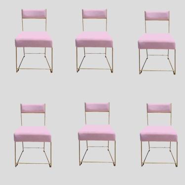 Imagem de Kit 06 Cadeiras Atena Base De Ferro Maciço Dourada Suede Rosa Bebê D`classe Decor