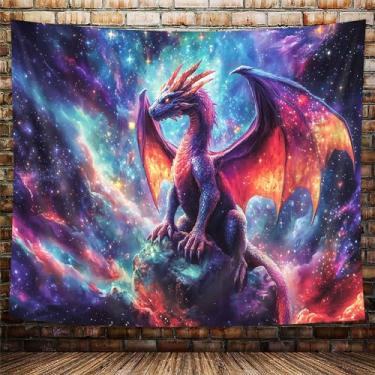 Imagem de NYMB Tapeçaria De Dragão Roxo, Animais Góticos Medievais Fantásticos, Decoração Quarto, Parede Com Céu Estrelado E Nebulosa, Cobertor Para Pôster Masculino Masculino, Dormitório Universitário, 152 X