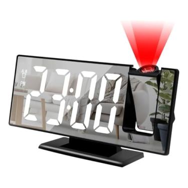 Imagem de Relógio Despertador com Projetor LED | Visor Espelhado, Data, Temperatura, Alarme | Alimentação USB + Bateria Backup | Projeção no Teto/Parede