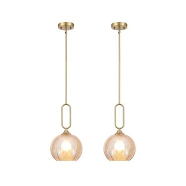 Imagem de BAODEN Conjunto De 2 Lustres Pendentes Vidro Âmbar Moderno, Luminária Globo, Lustre Nórdico Com Candeeiros Teto Dourados E Hastes Ajustáveis Em Latão Escovado, Para Sala Jantar Cozinha