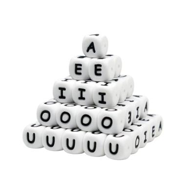 Imagem de Melius 50 peças de contas de silicone com letras de vogal 12 x 12 mm, A, E, I, O, U para chaveiros de pulseira (branco)