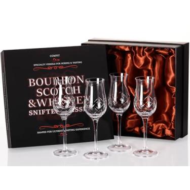 Imagem de Copos de cristal gravados para uísque, conhaque e conhaque – Conjunto de 4 copitas tulipas pequenas de 118 ml – Copos de degustação de vidro de corte elegante para bebidas e bebidas espirituosas