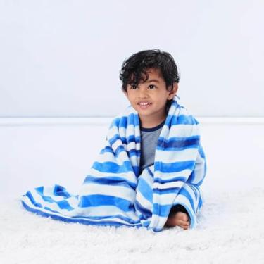 Imagem de Manta Cobertor Infantil em Flanela, 4 estampas, Antialérgica, 75x100cm, para Bebê, Toque Aveludado e Macio, Poliéster (Azul com listras)