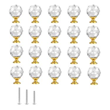 Imagem de OctinPris 20 maçanetas de porta de vidro cristal transparente redondo diamante puxador de gaveta em forma de bola com alças de base dourada para armário armário cômoda em banheiro, cozinha, escritório