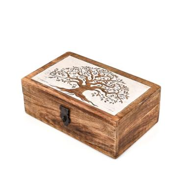 Imagem de Hanol Caixa de joias de madeira de manga com entalhe de árvore da vida – Baú de armazenamento de lembrança com acabamento caiado de branco, organizador de bugigangas (20,3 x 12,7 x 7,6 cm)
