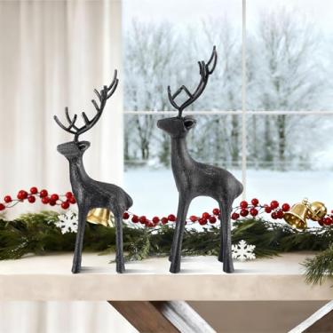 Imagem de Cinnvoice 2 peças de estatuetas de veado de Natal de ferro fundido – Estátua decorativa de mesa de veado de Natal e escultura de rena para sala de estar, lareira, quarto, decorações de mesa de casa
