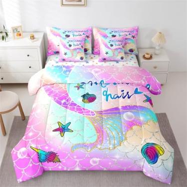 Imagem de Feelyou Jogo de cama solteiro com estampa de sereia, arco-íris, cauda de sereia, com estrelas fofas, 7 peças, escama de peixe brilhante, para todas as estações