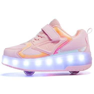 Imagem de Yogeeft Tênis infantil com rodas – Tênis de patins 4 em 1 com luz recarregável por USB para presentes de festa de Halloween na escola, Fc-rosa, 20