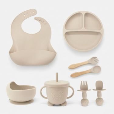 Imagem de Kit Refeição 8 peças Alimentação do Bebê SiliconeTalheres com Ventosa Canudo Babador Cata migalha