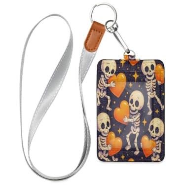 Imagem de Wassud Esqueletos fofos com balões porta-crachá de couro PU com cordão, porta-cartão de identificação para trabalho, cordão de pescoço com compartimentos para cartões de crédito, funcionários