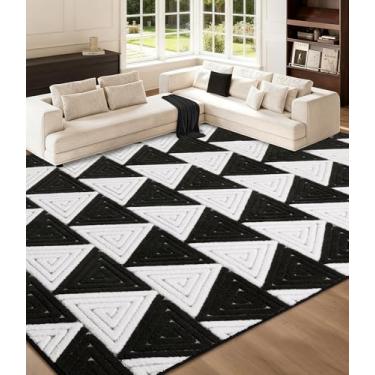 Imagem de YIHOUSE Tapetes pretos e brancos ultra macios 20 x 25 cm, tapete geométrico com padrões triangulares, tapetes laváveis confortáveis para quarto e sala de estar