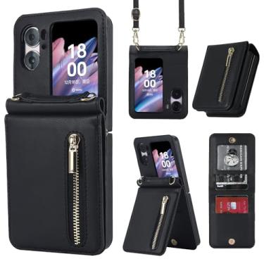 Imagem de Capa carteira flip Oppo Find N2, bolso com zíper com compartimentos para cartões, cordão e suporte, estilo fólio fino com recortes precisos e fecho magnético para uso diário e viagens (preto)
