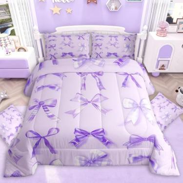 Imagem de jejeloiu Jogo de cama solteiro com laço roxo para meninas, meninos, meninas, edredom fofo com laço, decoração de quarto, microfibra, 2 peças com 1 fronha