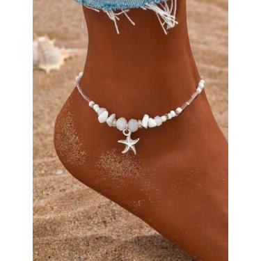 Imagem de Tornozeleiras femininas boêmias com estrelas do mar – tornozeleira com contas com pingentes de cristal e pedra, joias ajustáveis para o verão e praia, One Size, Metal Vidro, Sem Pedra Preciosa