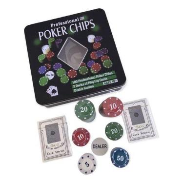 Imagem de Kit Fichas Poker 100 Pçs + Dois Baralhos Cartas Botão Dealer - Kadê