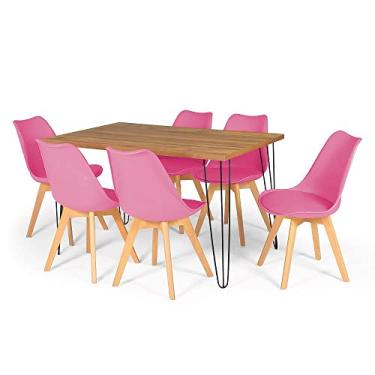 Imagem de Conjunto Mesa de Jantar Hairpin 130x80 Natural com 6 Cadeiras Eiffel Leda - Rosa