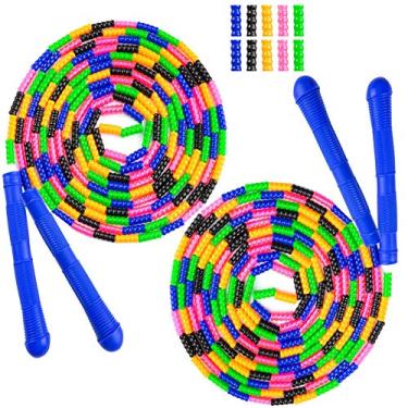 Imagem de Beprepco Pacote com 2 cordas de salto longas, corda de salto holandesa dupla, corda de pular com contas macias para crianças adultas, corda de plástico segmentado, longa o suficiente para 4-5 saltadores