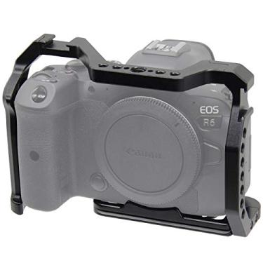 Imagem de Easy Hood Gaiola de câmera para câmera sem espelho Canon EOS R6 R5, estabilizador de equipamento de filmagem para filmagem de vlog com sapata fria dupla, pontos de montagem de 1/4" e orifício de localização Arri de 3/8"