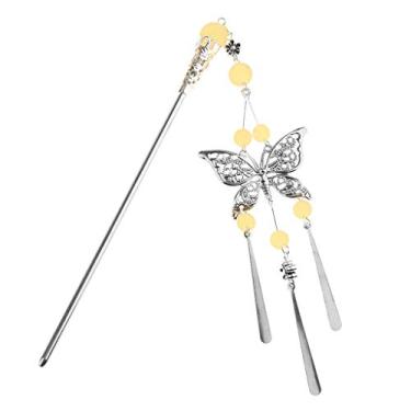 Imagem de Inzopo Palito de cabelo feminino com design de borboleta com contas borlas acessórios de cabelo amarelo claro, Acrílico