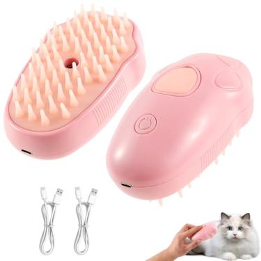 Imagem de 2 escovas de spray para gatos, recarregável para gatos, escova a vapor 3 em 1, multifuncional, de silicone, com tanque de água, escova de banho para gatos, elimina pentes voadores e emaranhados (rosa)