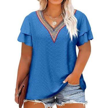 Imagem de Tankaneo Camisetas femininas plus size gola V manga curta babados crochê renda verão ajuste solto camisetas túnicas, Azul, 5G Plus Size