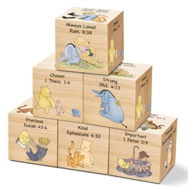 Imagem de Tillfuru 6 peças de decoração de berçário inspiradora cristã para meninas e meninos The Pooh, decorações clássicas de arte de madeira com tema de ursinho, provérbios bíblicos para crianças, presentes