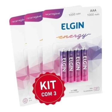 Imagem de 12 Pilhas Recarregável Elgin Palito AAA 1000mAh (3 Blister Com 4 Pilha