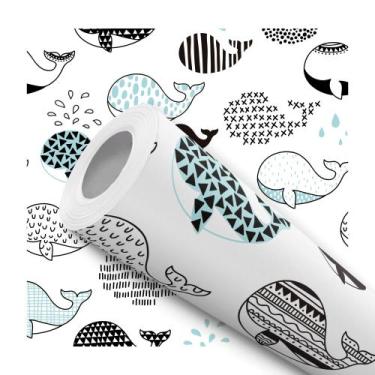 Imagem de Papel de Parede Adesivo Baleia Preto e Azul Fundo do Mar Infantil Bebê