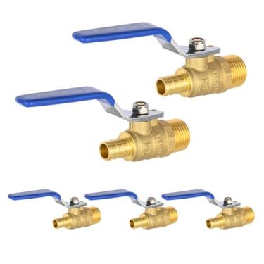 Imagem de (Pacote com 5) EFIELD 1/2 polegada Crimp Pex X 1/2 polegada macho NPT Latão Shut-off válvula de esfera para aplicação em encanamento, ASTM F1807, alavanca azul, certificado cUPC