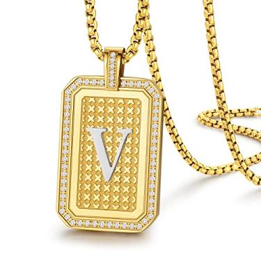 Imagem de Zillaly Colar com pingente de iniciais masculino feminino letras maiúsculas ouro 18K A-Z diamante corrente quadrada joias presentes para homens e mulheres meninos presentes de Natal para marido namorado filho presente de Natal, Aço inoxidável, Sem pedras preciosas