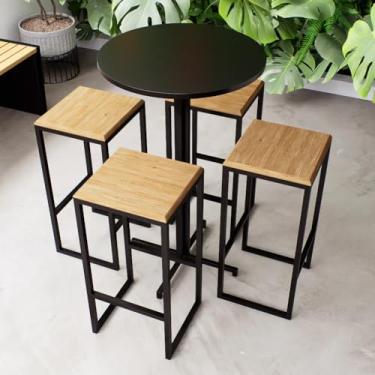 Imagem de Conjunto Mesa Alta Bar Bistrô Redonda Preta 4 Bancos Pinus Industrial Black