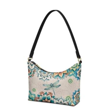 Imagem de Sannovo Bolsa clutch bolsas de ombro de couro para mulheres Lady Crescent Underarm Purse com bolso interno, Flor de mandala verde-libélula