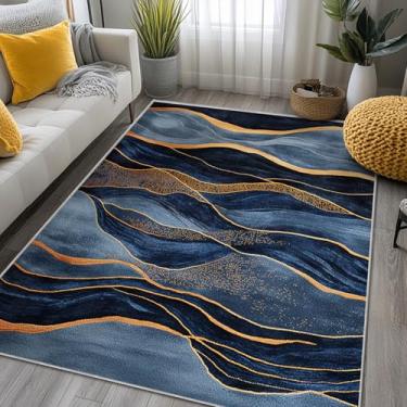 Imagem de Tapete abstrato lavável, 15 x 23 cm, para sala de estar, quarto, moderno, azul marinho e dourado, antiderrapante, tapete grande para escritório, entrada, banheiro