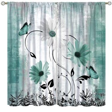 Imagem de Cortinas rústicas com margaridas para casa de fazenda, azul-petróleo, margarida, flores florais e borboleta no campo, madeira, turquesa, tecido verde, tratamentos de janela para cozinha, sala de estar