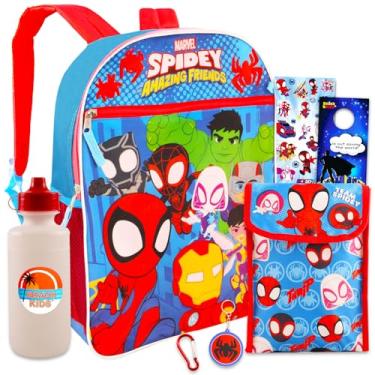 Imagem de Marvel Conjunto De Mochilas Do Homem-Aranha E Seus Incríveis Amigos - Pacote Com Mochila 40 Cm Homem-Aranha, Lancheira, Garrafa Água, Adesivos Muito Mais