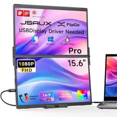 Imagem de JSAUX Extensor De Tela Para Laptop Flipgo Pro, Monitor Duplo Portátil Ips Fhd 15,6" 1080P, Três Monitores Com Hub Integrado, Design Magnético, Plug & Play Windows/Mac (Driver Necessário)