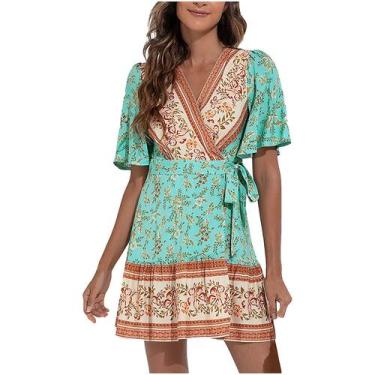 Imagem de Vestido feminino verão casual manga curta com decote em v vintage esta