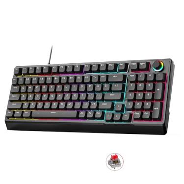 Imagem de Mechanical Gaming Keyboard with Red Switches: 98 Keys PC Gaming Keyboard with Backlit，Multi-Function Volume & Lighting Knob,Anti-Ghosting Wired USB keybaord for Elite PC/Mac Gamers