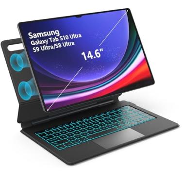 Imagem de for Samsung Galaxy Tab S10 Ultra/S9 Ultra/S8 Ultra 14.6" Keyboard Case, Magnetic Floating Stand, 3-Level 7-Color Light Backlit Keyboard with Trackpad,Dex Mode, Matte Black