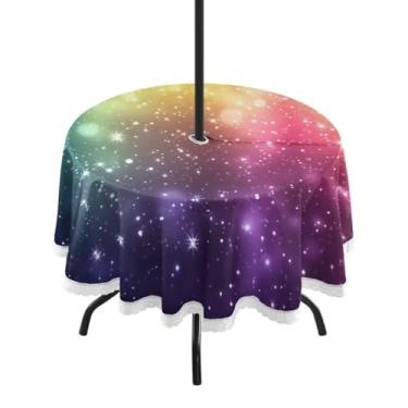 Imagem de CEBUGI Toalha de mesa redonda para uso ao ar livre, fundo arco-íris, impermeável, com furo Umberlla, capa de mesa lavável para pátio, cozinha, sala de jantar, 152 cm