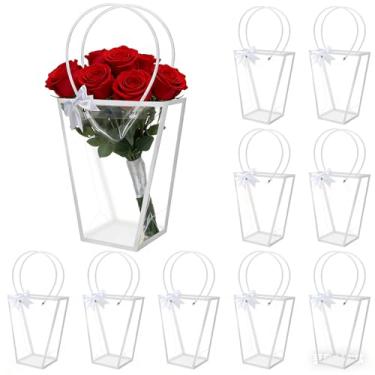 Imagem de Dunzoom Pacote com 10 sacos florais grandes para buquê de flores transparentes a granel com laços, festa, florista, loja, suprimentos de embalagem para aniversário, Natal, Dia dos Namorados, Dia das