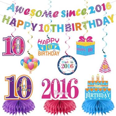 Imagem de Kuxriox 11 kit de decorações de aniversário de 10 anos para meninas e meninos, faixa colorida de feliz aniversário de 10 anos, Awesome Since 2016 Centerpieces Swirls Party Supplies, 10 Bday Banner