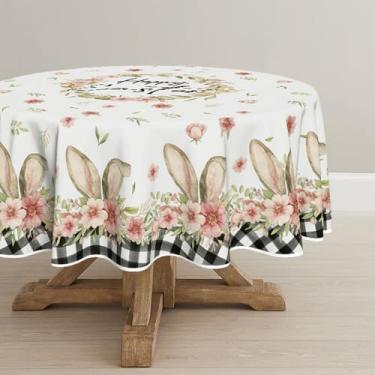 Imagem de Horaldaily Toalha de Mesa Redonda de Páscoa, 228 cm x 224 cm, Floral, Xadrez, Coelho, Multicolorido, Poliéster, Lavável, Decoração de Festa e Piquenique