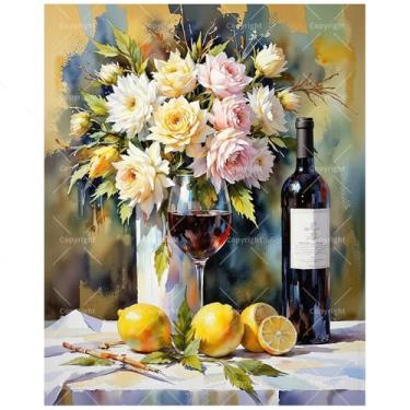 Imagem de Kit de pintura floral natureza morta por números para adultos – Pintura DIY de vinho, limões e rosas em tela, conjunto de tinta acrílica para iniciantes, arte de sala de jantar para decoração de casa