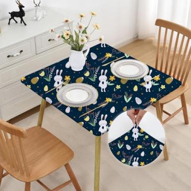 Imagem de Toalha de mesa quadrada azul marinho com elástico 106 x 106 cm, lavável ao ar livre, antiderrapante, dobrável, toalha de mesa de tecido elástico de elastano para decoração de acampamento e jantar com