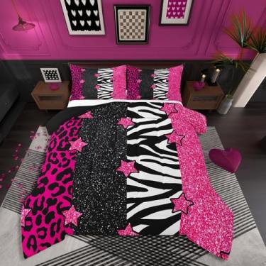 Imagem de Erosebridal Conjunto de edredom Queen com estampa de leopardo, estrelas rosa com glitter, galáxia, adulto e jovem, guepardo e pele selvagem, para decoração de quarto, leve