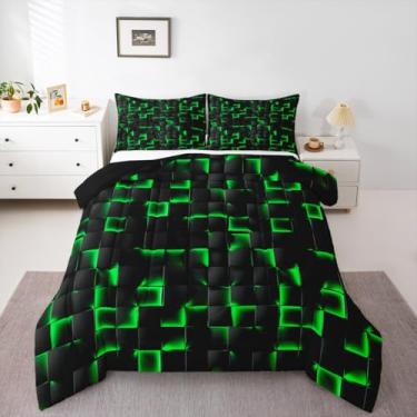 Imagem de Erosebridal Jogo de cama solteiro com estampa geométrica e verde neon preto e verde, para decoração de quarto de jogos, geométrico, xadrez, geométrico, geométrico, edredom