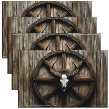 Imagem de Feelyou Jogo americano de caveira de vaca conjunto de 4 jogos americanos de caubói ocidental de 30,5 x 45,7 cm para mesa de jantar, uso interno e externo, tapetes vintage para porta de celeiro,