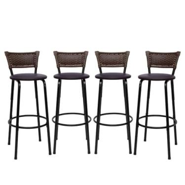 Imagem de Kit 4 Banco Banqueta Alta Encosto Junco Argila Aço Bar Balcão Gourmet 