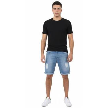 Imagem de Bermuda Jeans Masculina Slim com Detalhes Destonados e Barra Dobrada -